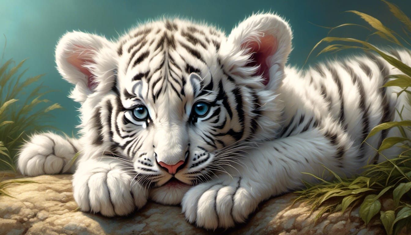 White Tiger Cub in Natural Habitat: Photorealistic Impasto