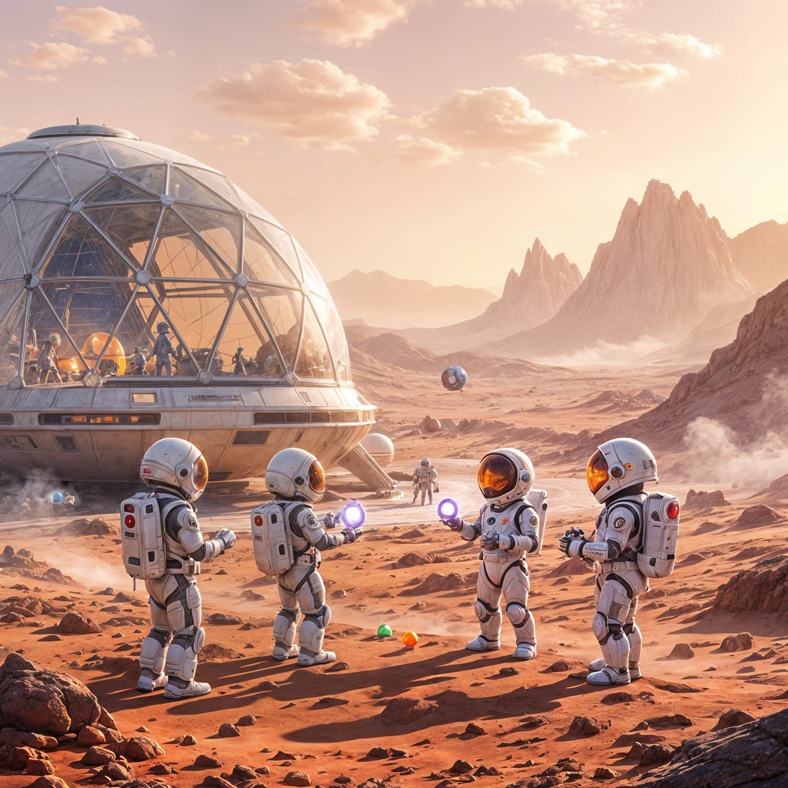 Children in Martian Colony with Levitating Toys