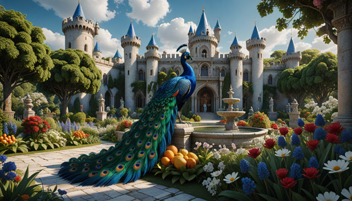 Fantastical White Castle with Peacocks in Vibrant Gardens