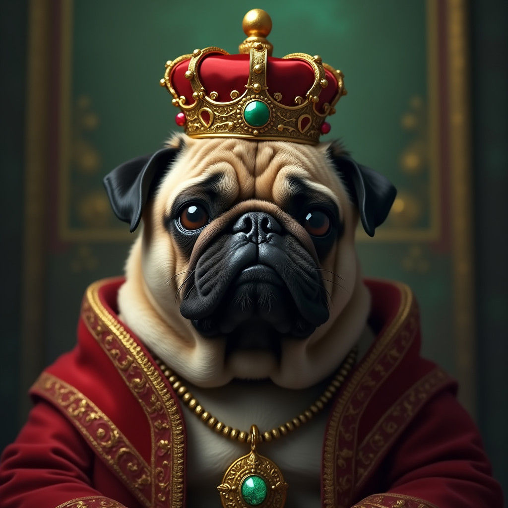 Regal Pug with Crown and Jewels in Matte Painting Style