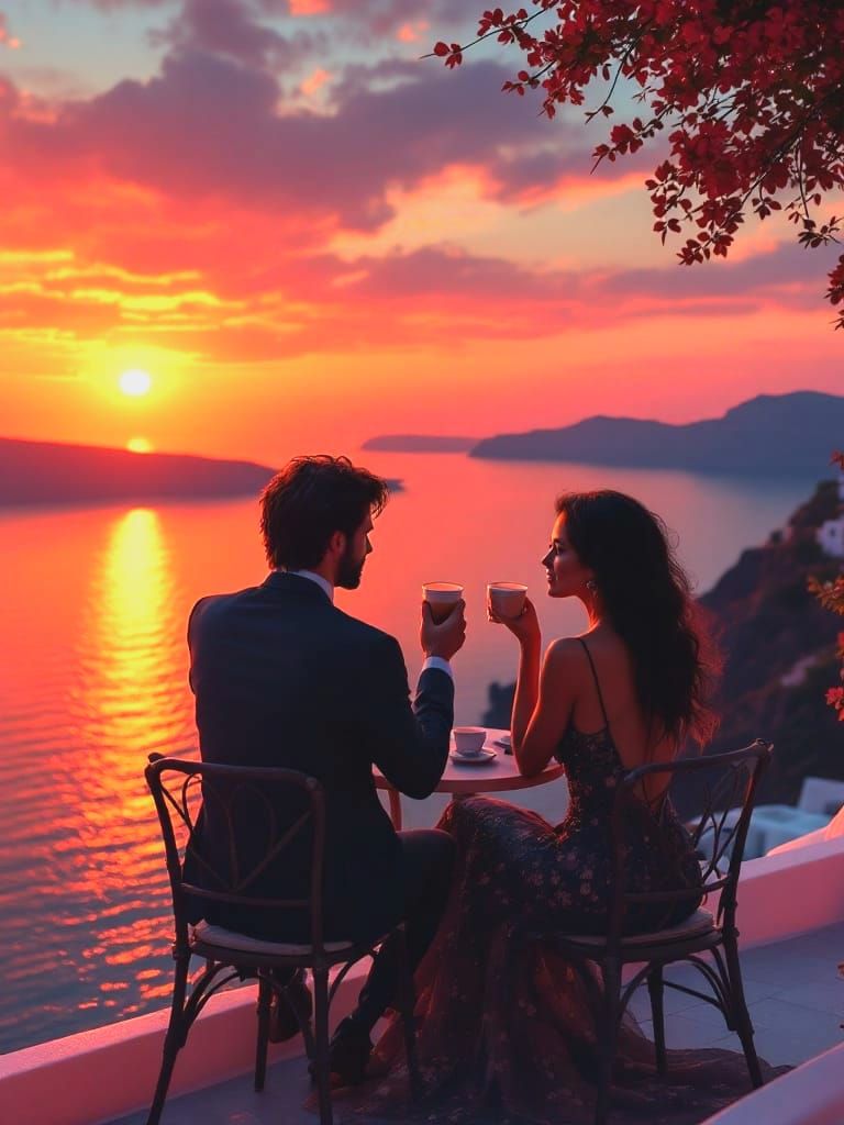 Stunning Santorini Sunset: Elegant Couple in Evening Attire