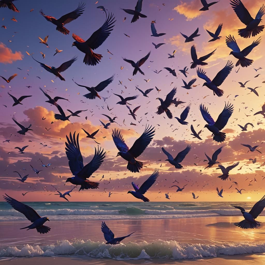 Vibrant Sunset Beach with Colorful Birds: Fantasy Art