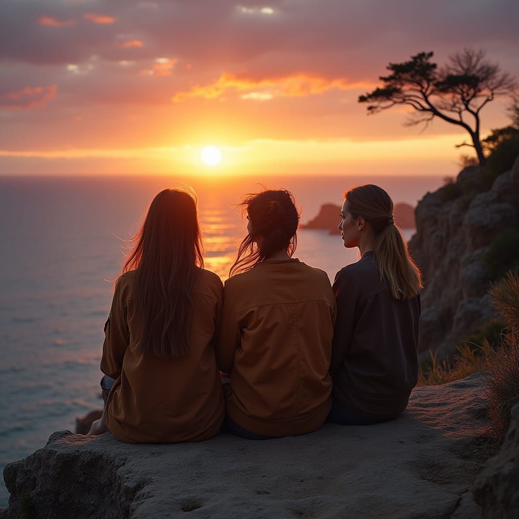 Friends Cherish Sunset Moment on Cliff's Edge