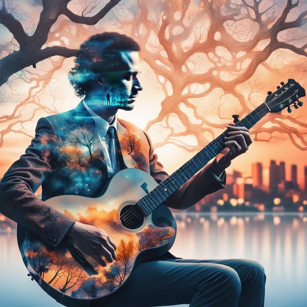 Bioluminescent Double Exposure of Nature Musician