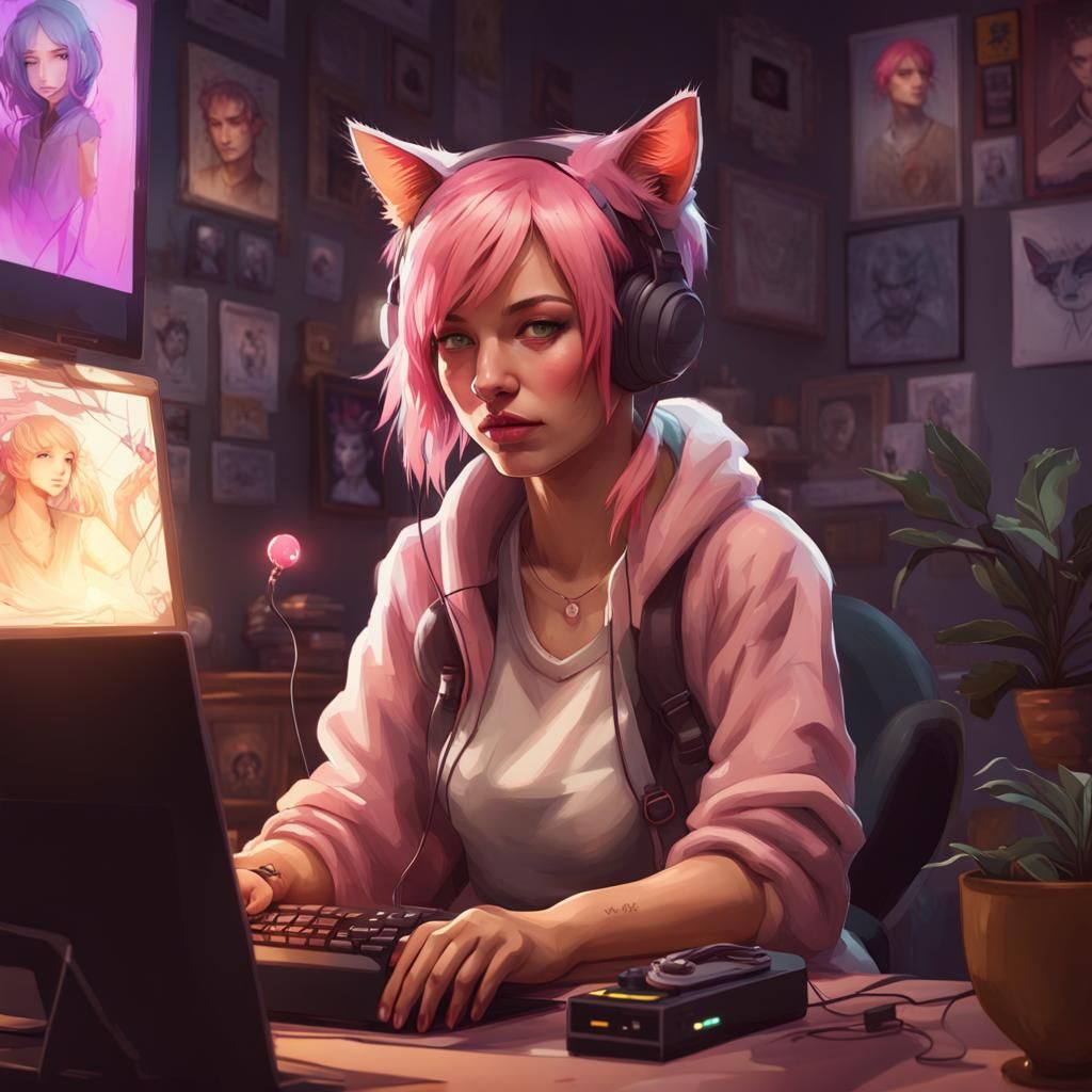 Cozy Gaming Room with Pink-Haired Girl and Cat