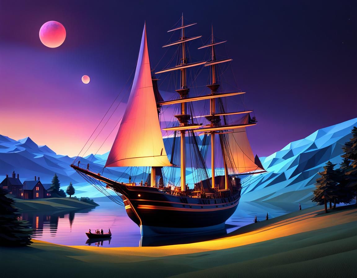 Futuristic Twilight Scene in Low Poly Style