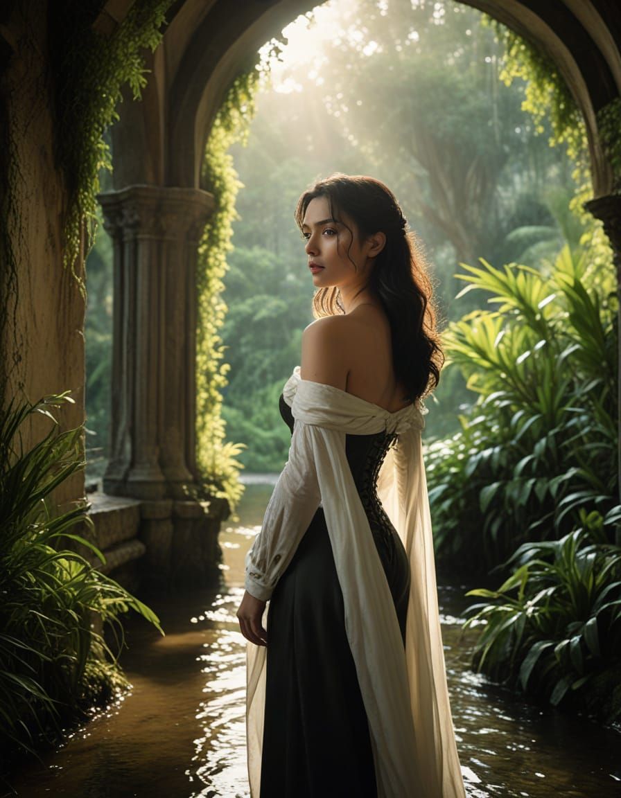 Young Indonesian Woman in Ancient Tropical Castle