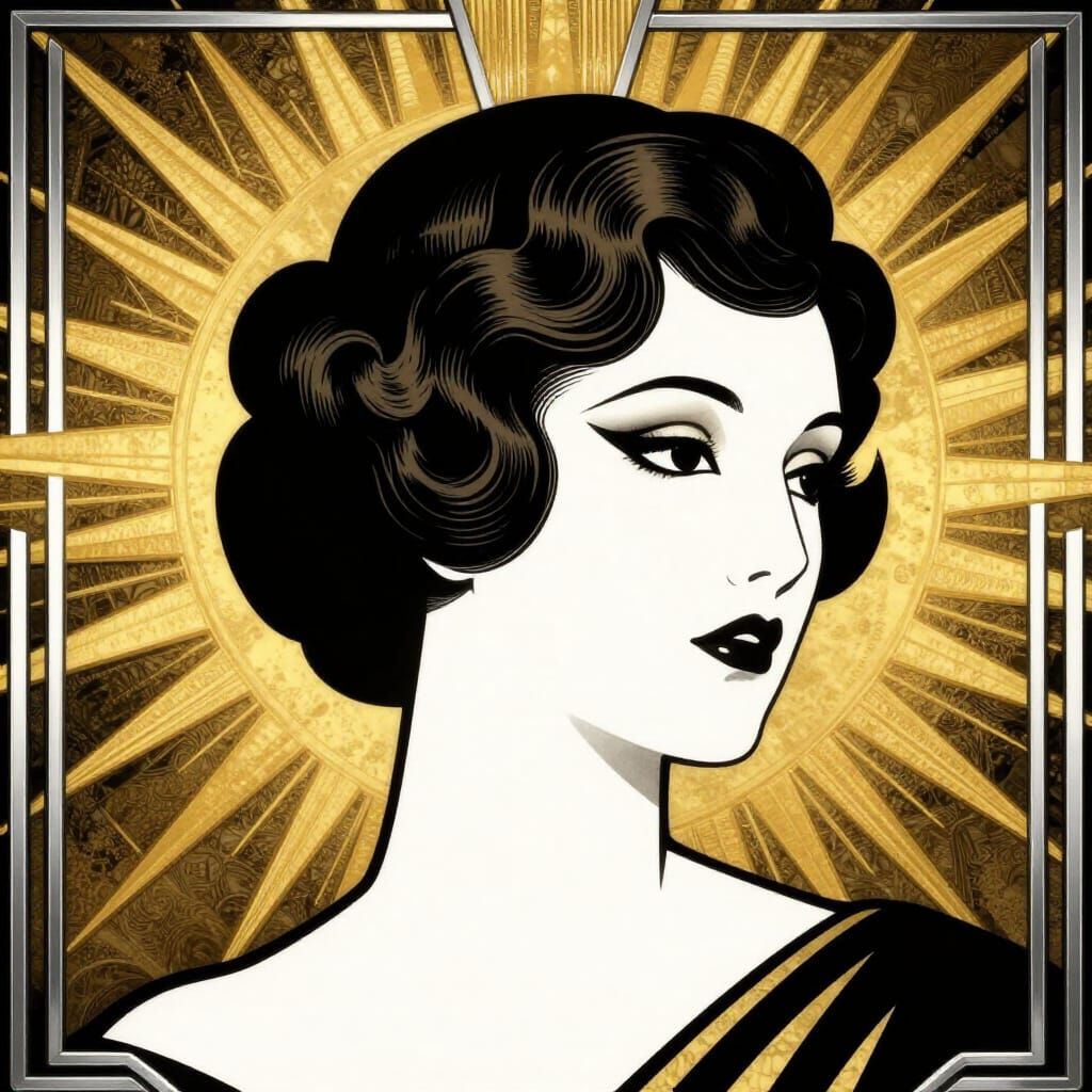 Art Deco Profile with Golden Sunburst Background