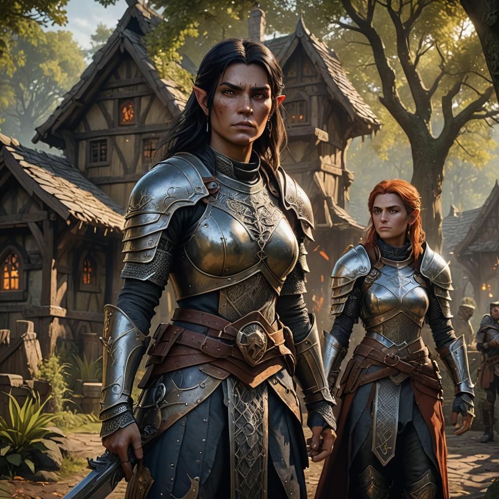 Orc Paladin Guarding Elf Cleric in Village