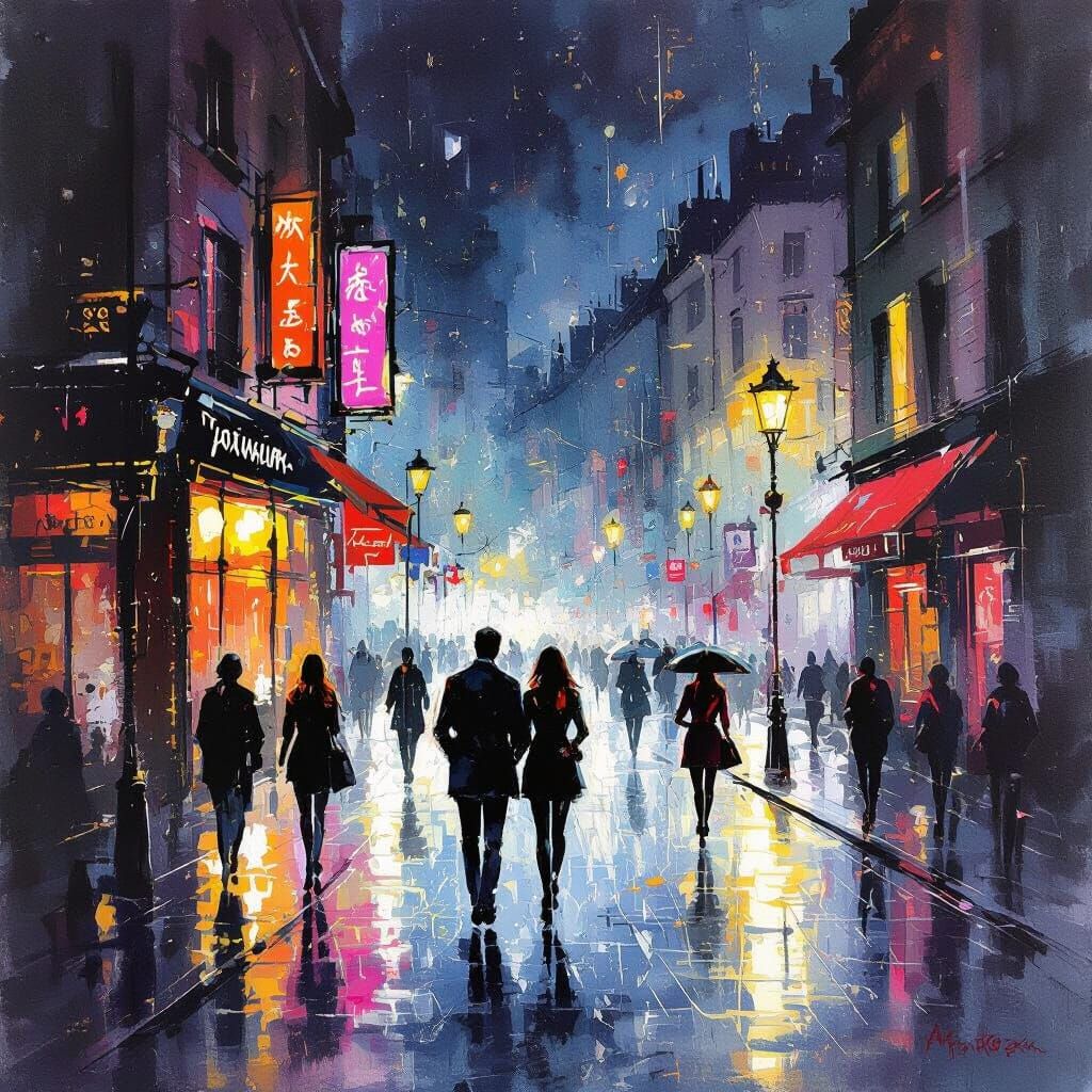 Nightclub Street Scene in Modern Ink Painting Style