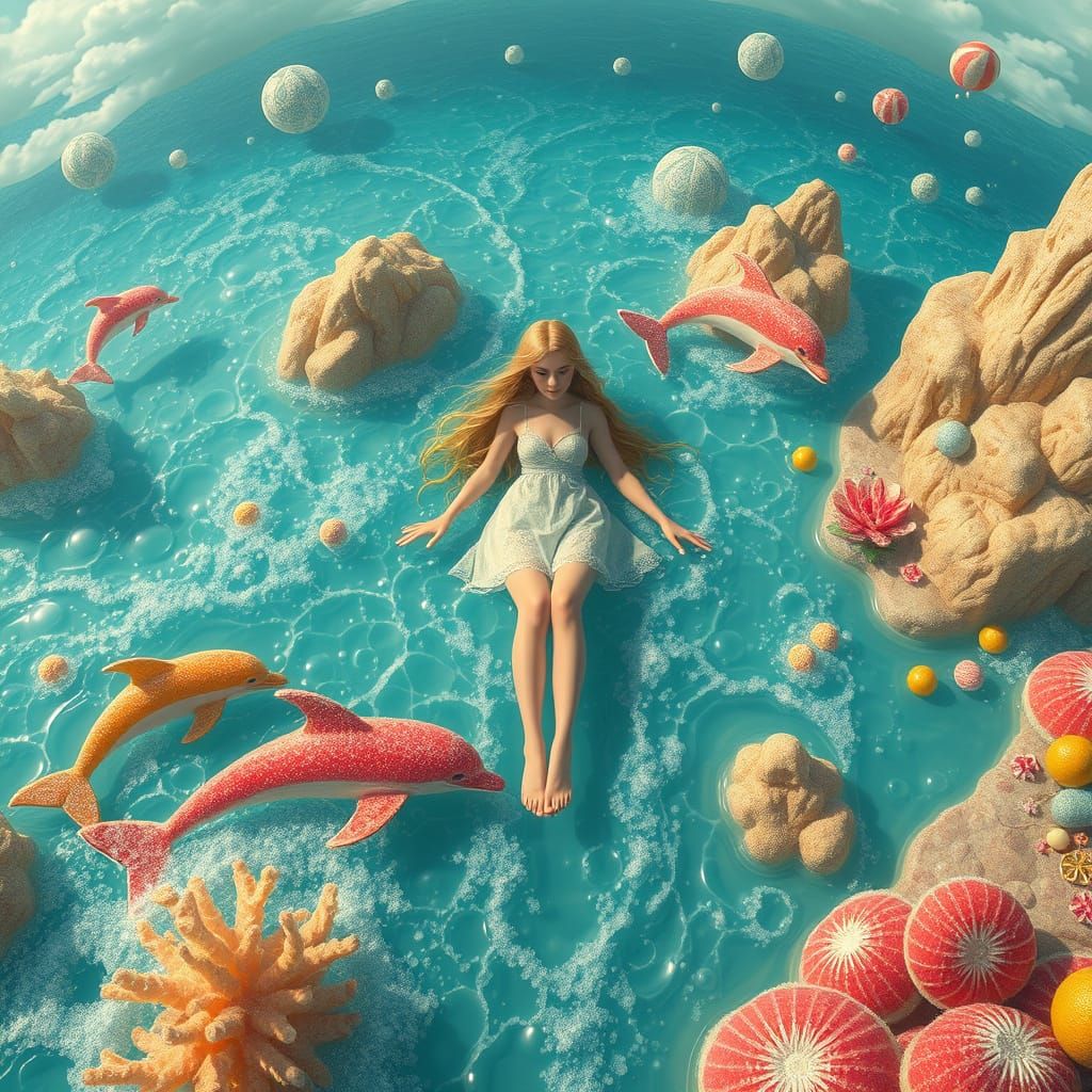 Dreamlike Soda Sea with Candy Dolphins, Digital Art