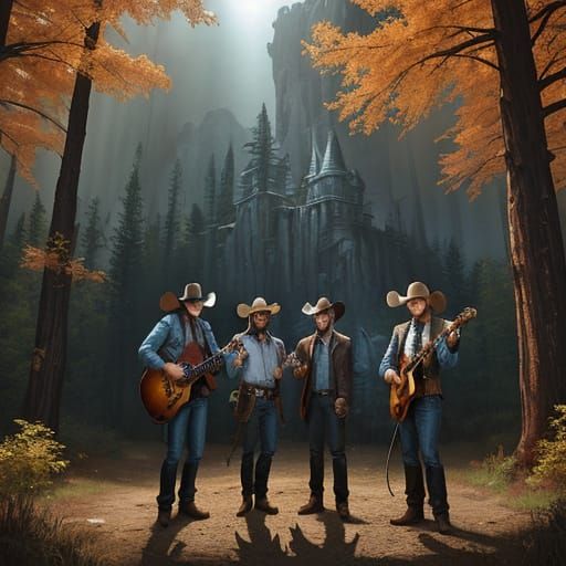 Mystical Country Music Performance in a Fantasy Landscape