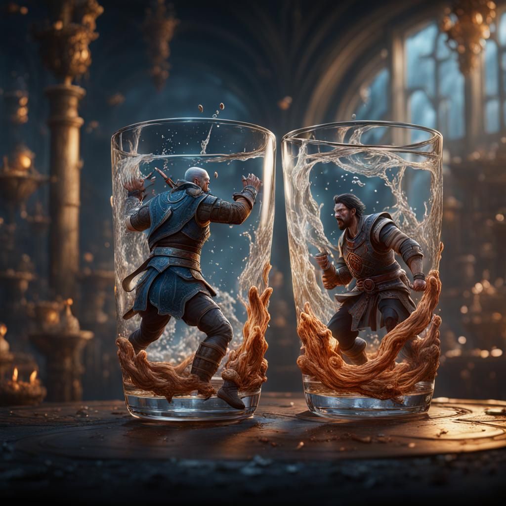 Miniature Fight in Glass of Water: Detailed Matte Painting
