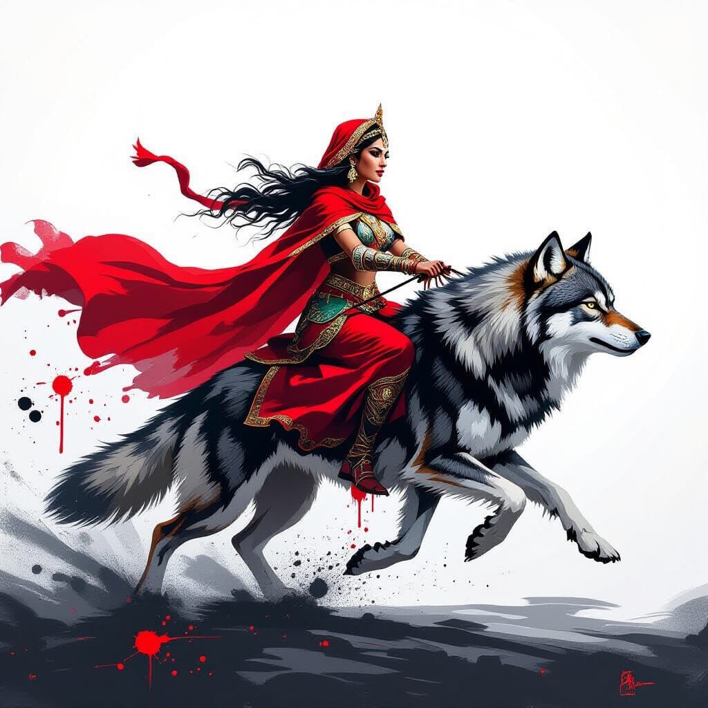 Abstract Splatter Painting: Woman Riding Dire Wolf