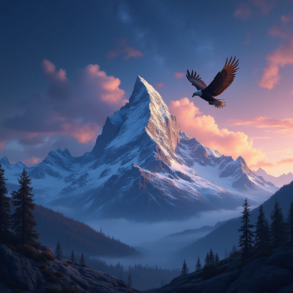 Majestic Mountain Eagle Soaring Under Starry Sky