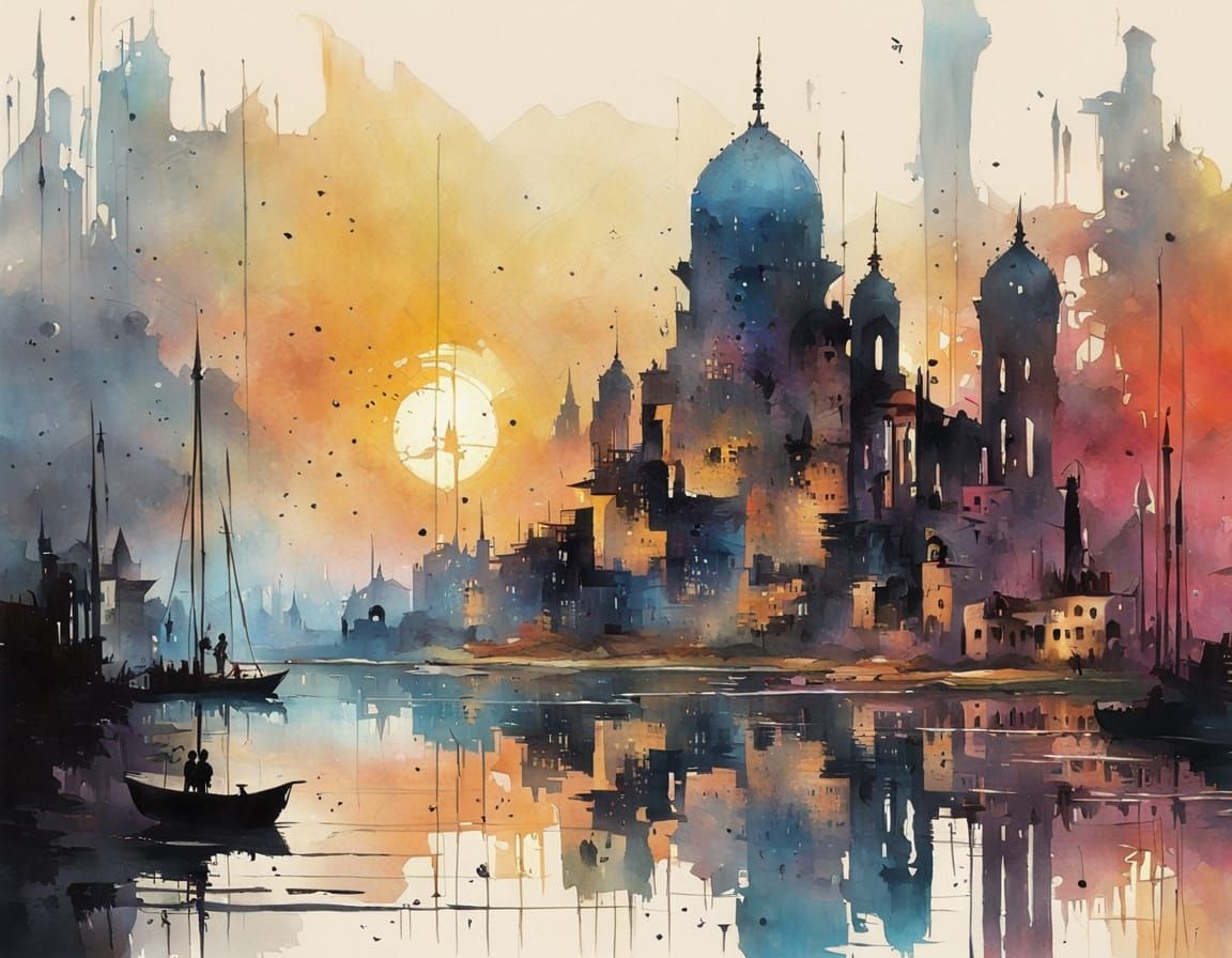 Mysterious Arabian Ruins Reflected in Sunset Lake, in Vibran...