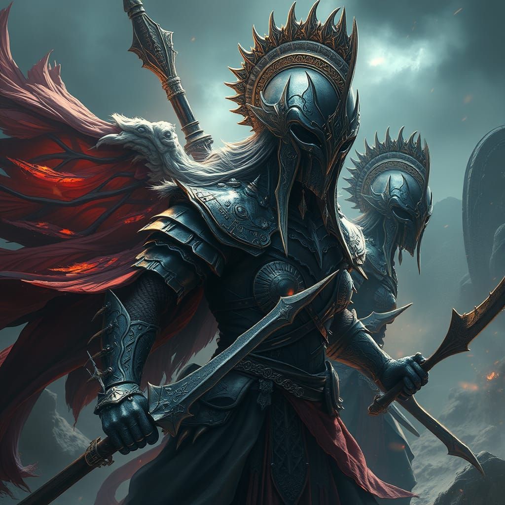 Epic Warrioress in a Dramatic Digital Landscape