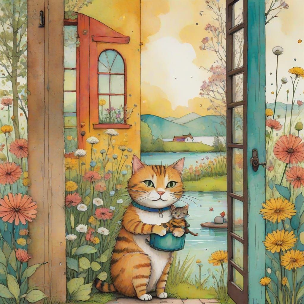 Whimsical Cartoon Garden Scene with Cat and Kitten