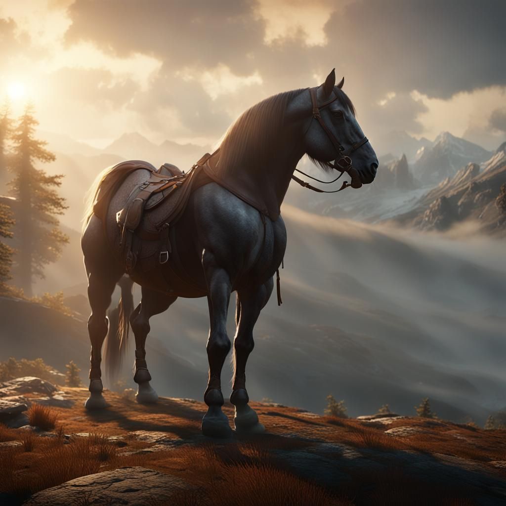 Saddled Horse in Misty Landscape, 3D Game Cinematic