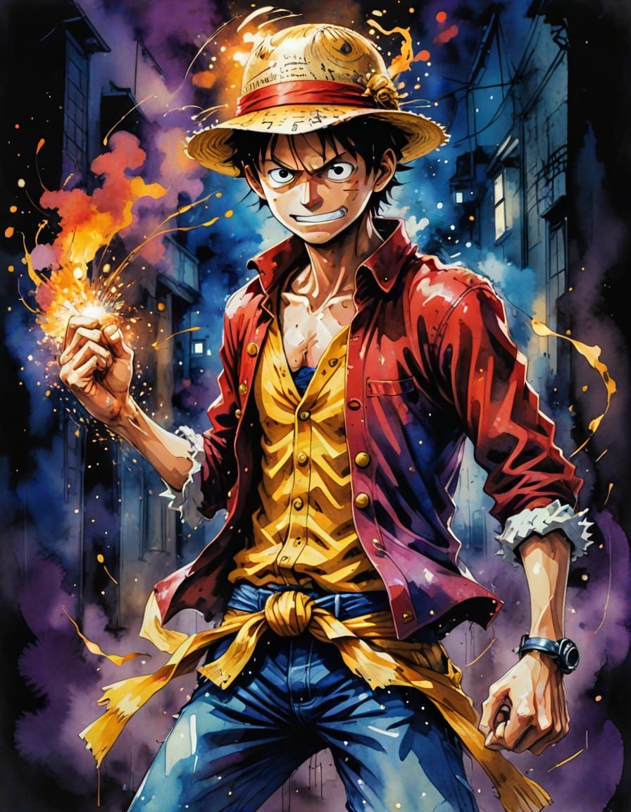 Surreal Watercolor Portrait of Luffy in Dynamic Fighting Pos...