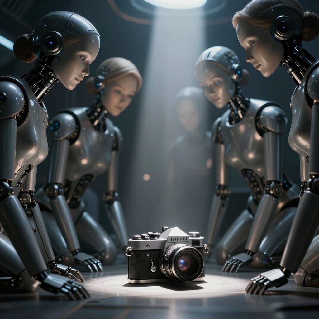 Robots Admire Antique Camera in Ethereal Starship Light