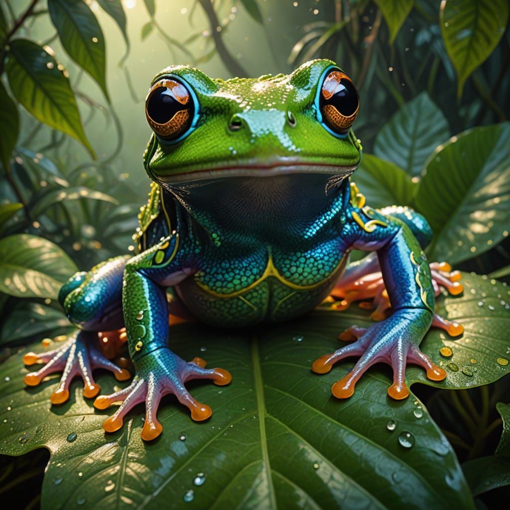 Hyper-Realistic Bioluminescent Frog in Tropical Rainforest