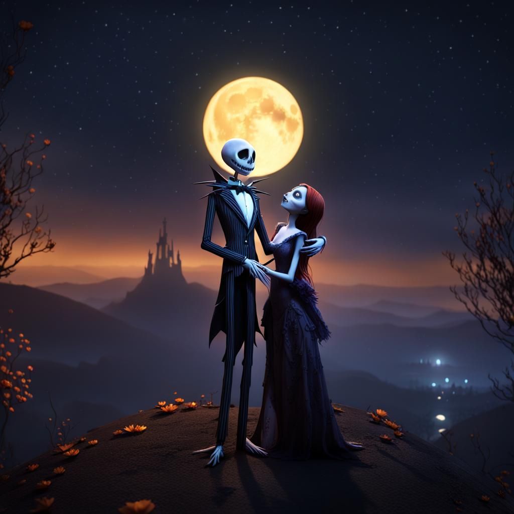Jack Skellington holding the beautiful Sally in his arms underneath the starry sky and bright moonlight on a hill on Hal...