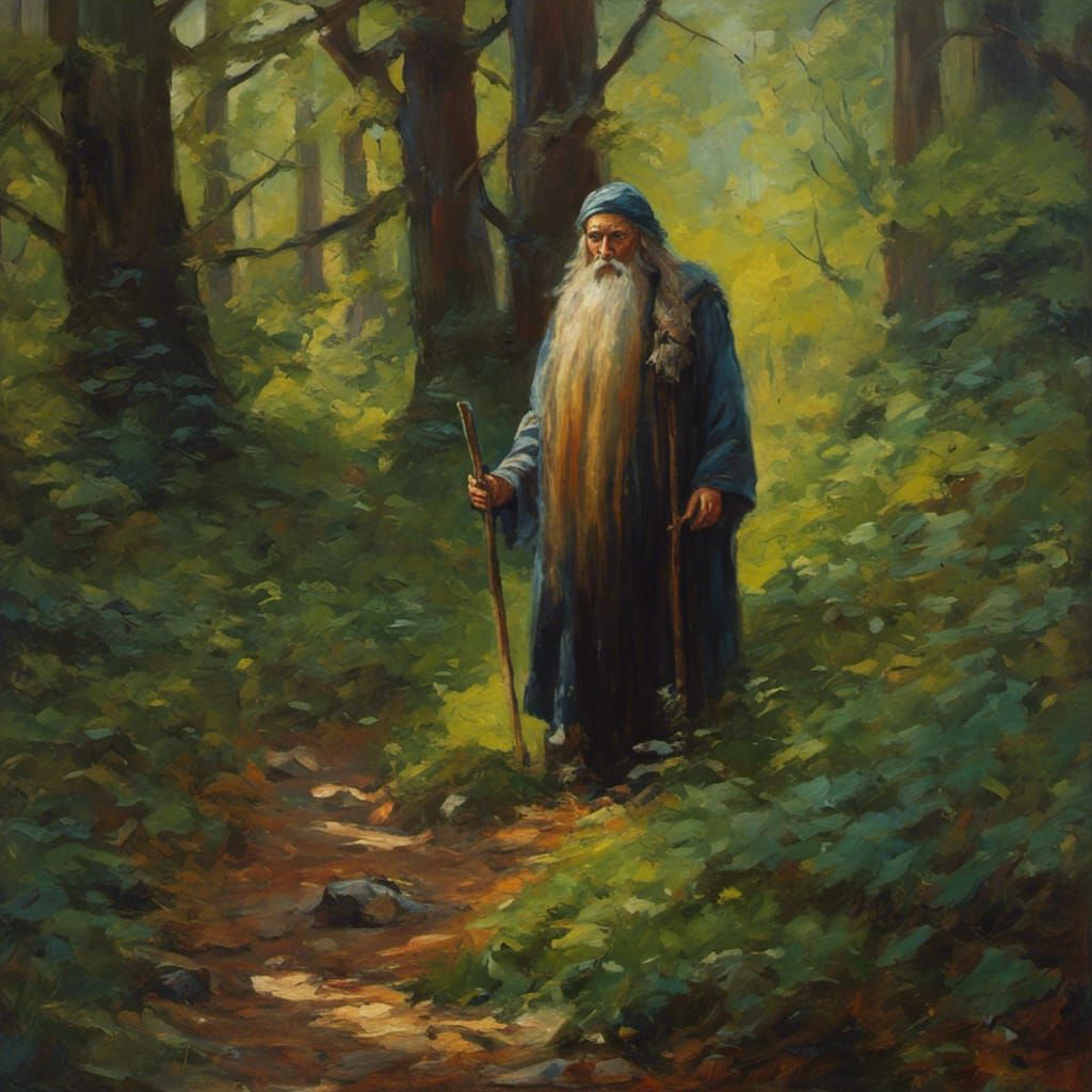 Old Mage Walking in Forest as Oil Painting