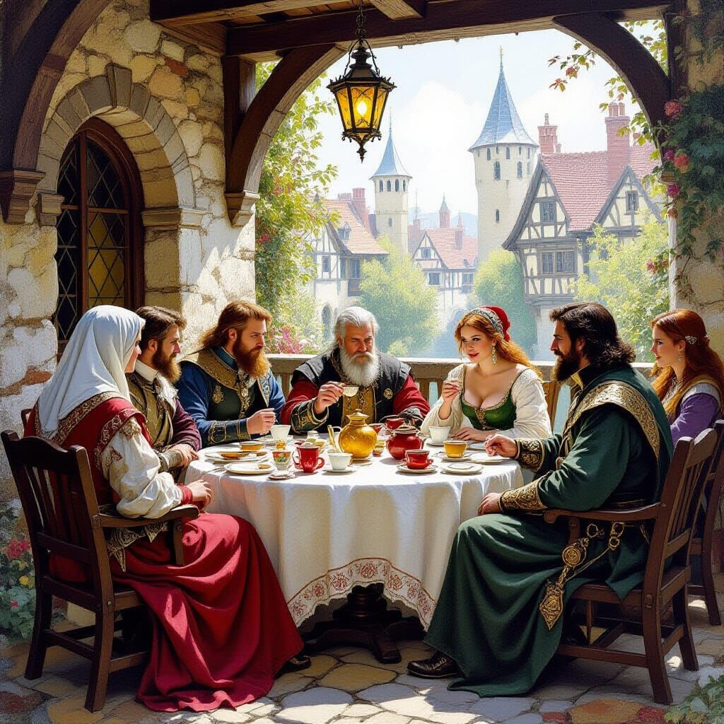 Medieval Tea Party Scene With Distinguished Guests
