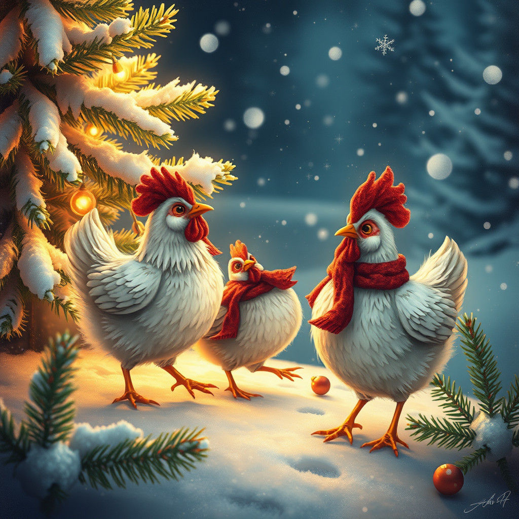 Whimsical Chickens Celebrate Christmas in a Surrealist Style