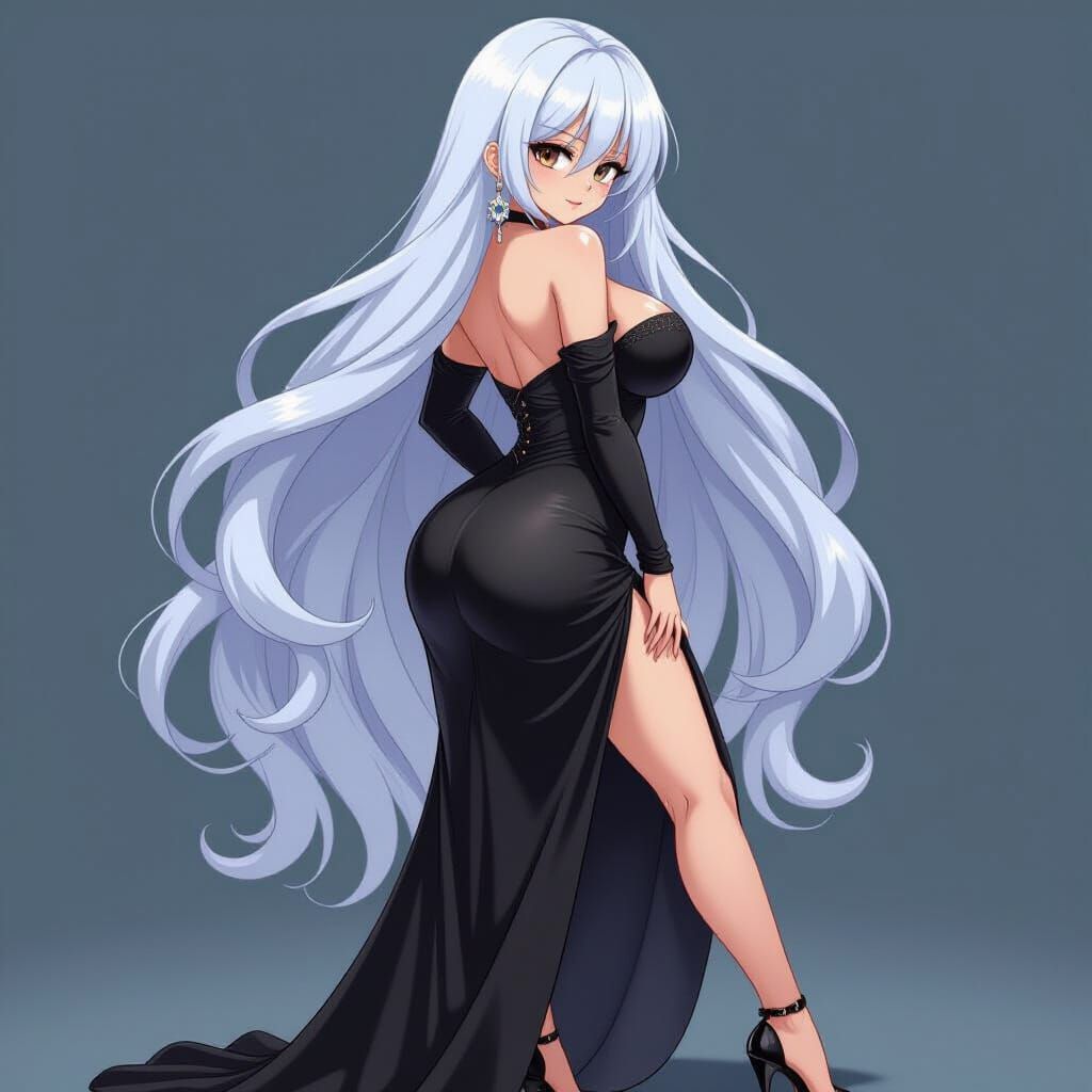 Anime Woman in Black Dress, Curvy Figure