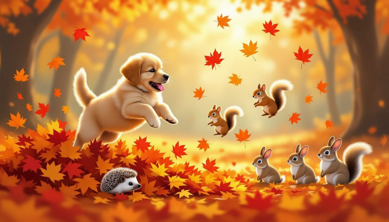 Playful Animals Enjoying Autumn Leaves in Storybook Style