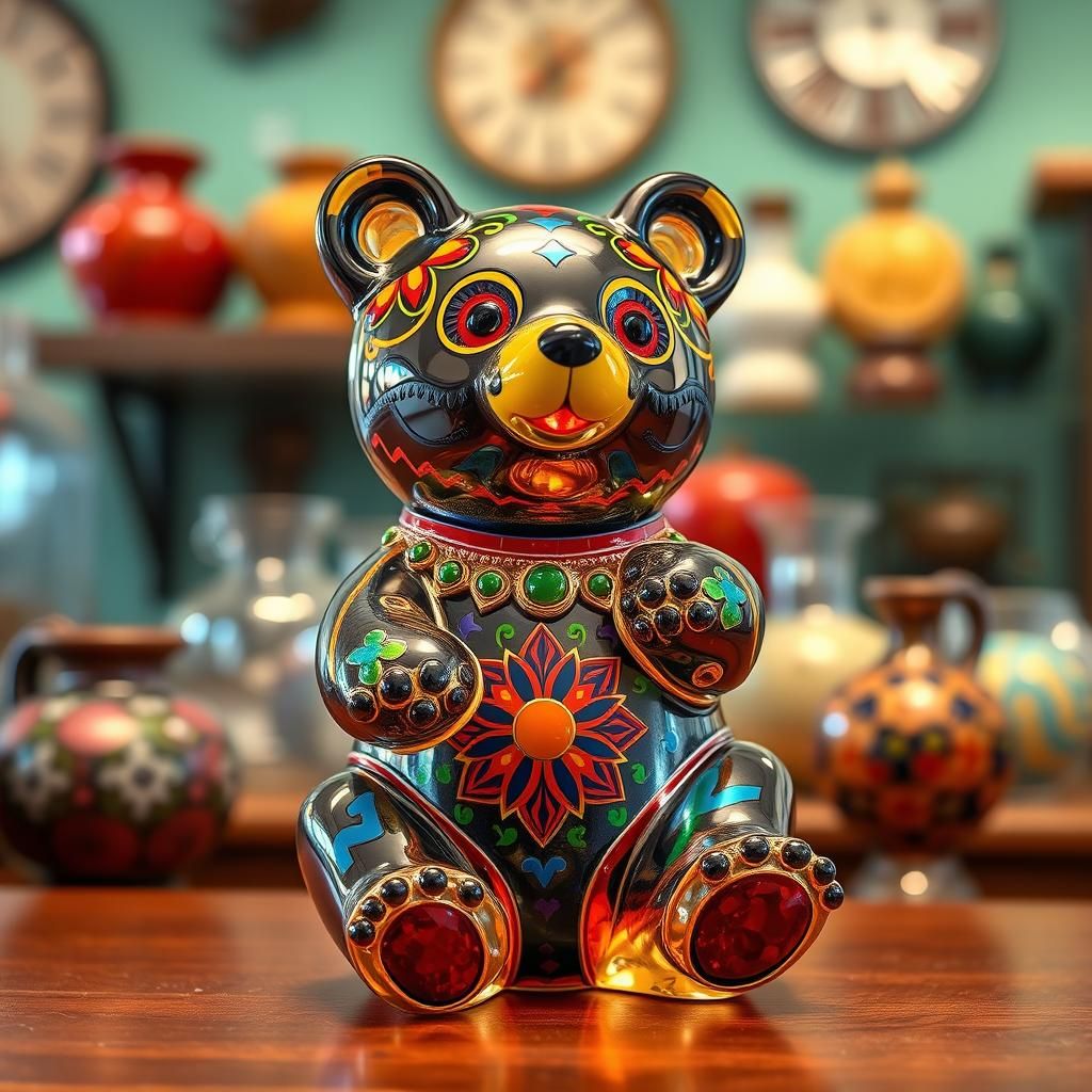 Enamel Glass Bear Figurine, Folk Art Style