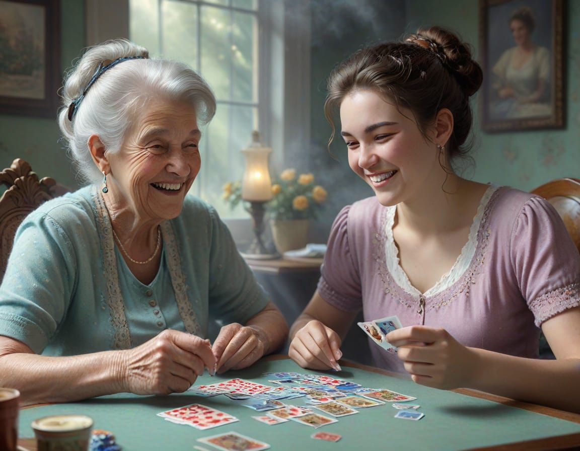 Teenage Girl and Grandmother Laughing Over Cards