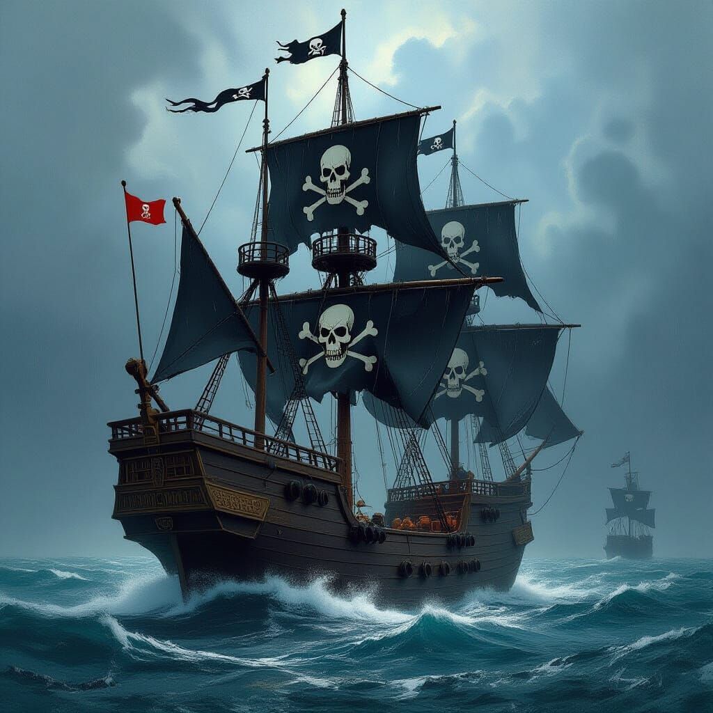 Pirate Ship on Stormy Sea in Fantasy Art Style