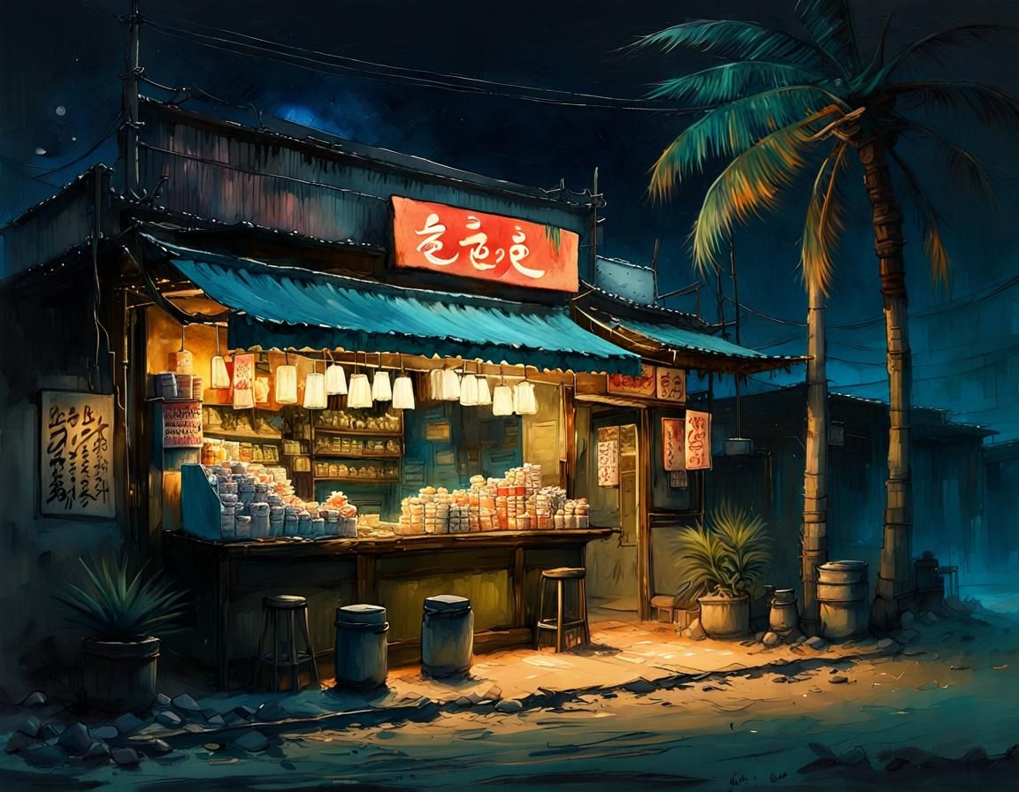 Ramen Shop in Tropical Desert: Ghibli Style Watercolor
