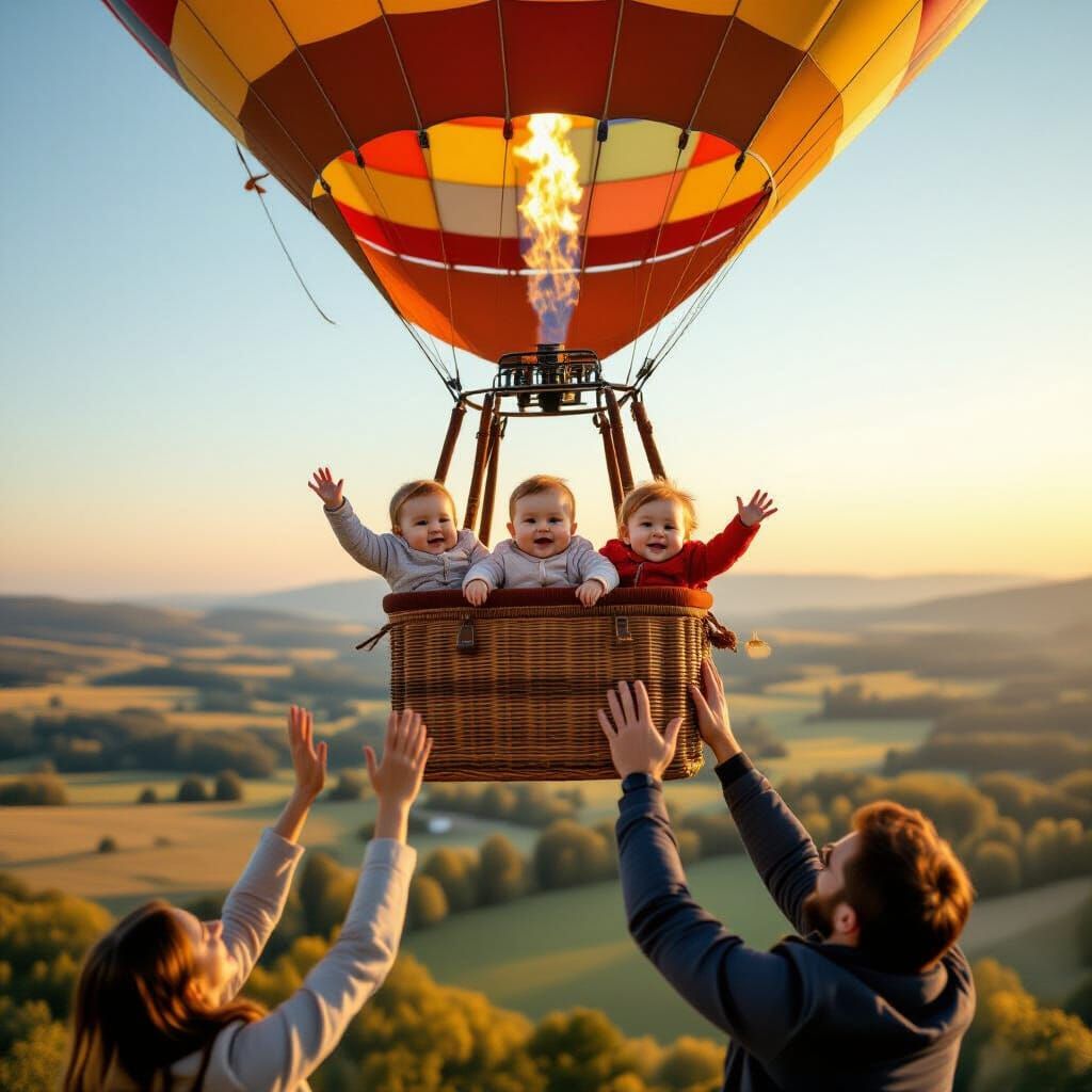Babies in Hot Air Balloon, Father Reaching Up