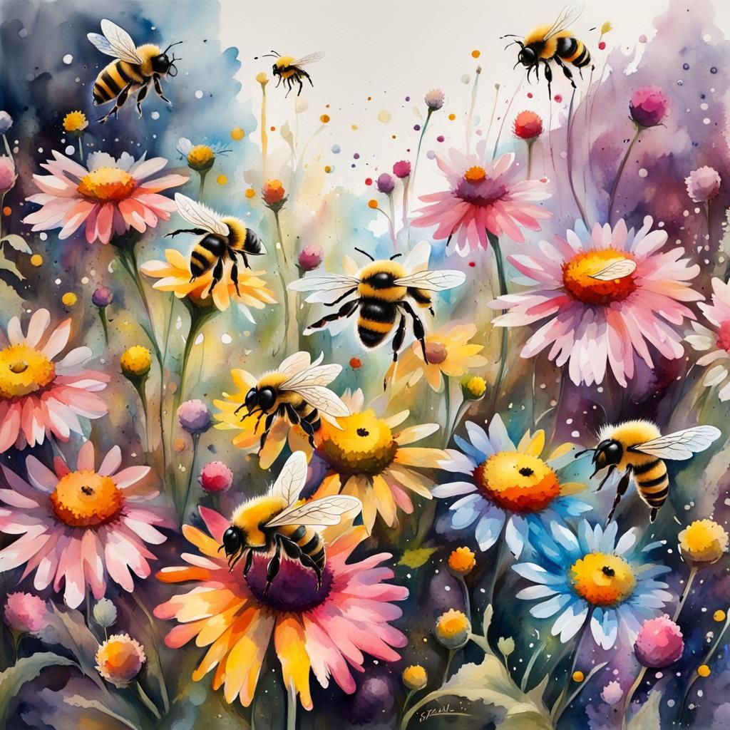 Bees and Wildflowers in Watercolor Graffiti Art