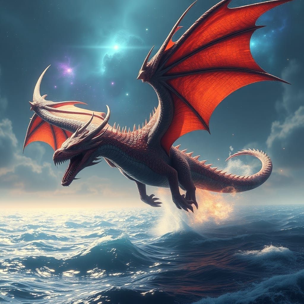 Cosmic Dragon Flight Over Sparkling Ocean