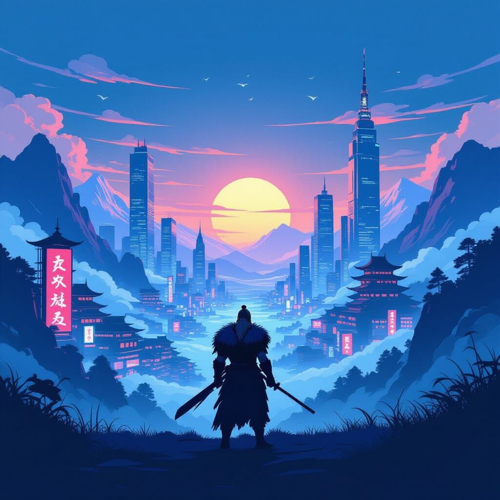Ukiyo-e Cyberpunk Viking Anime in Neon Landscape