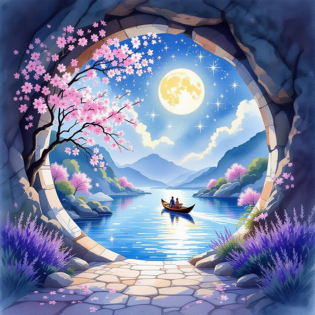 Magical Cave Entrance Watercolor Painting with Blossoms