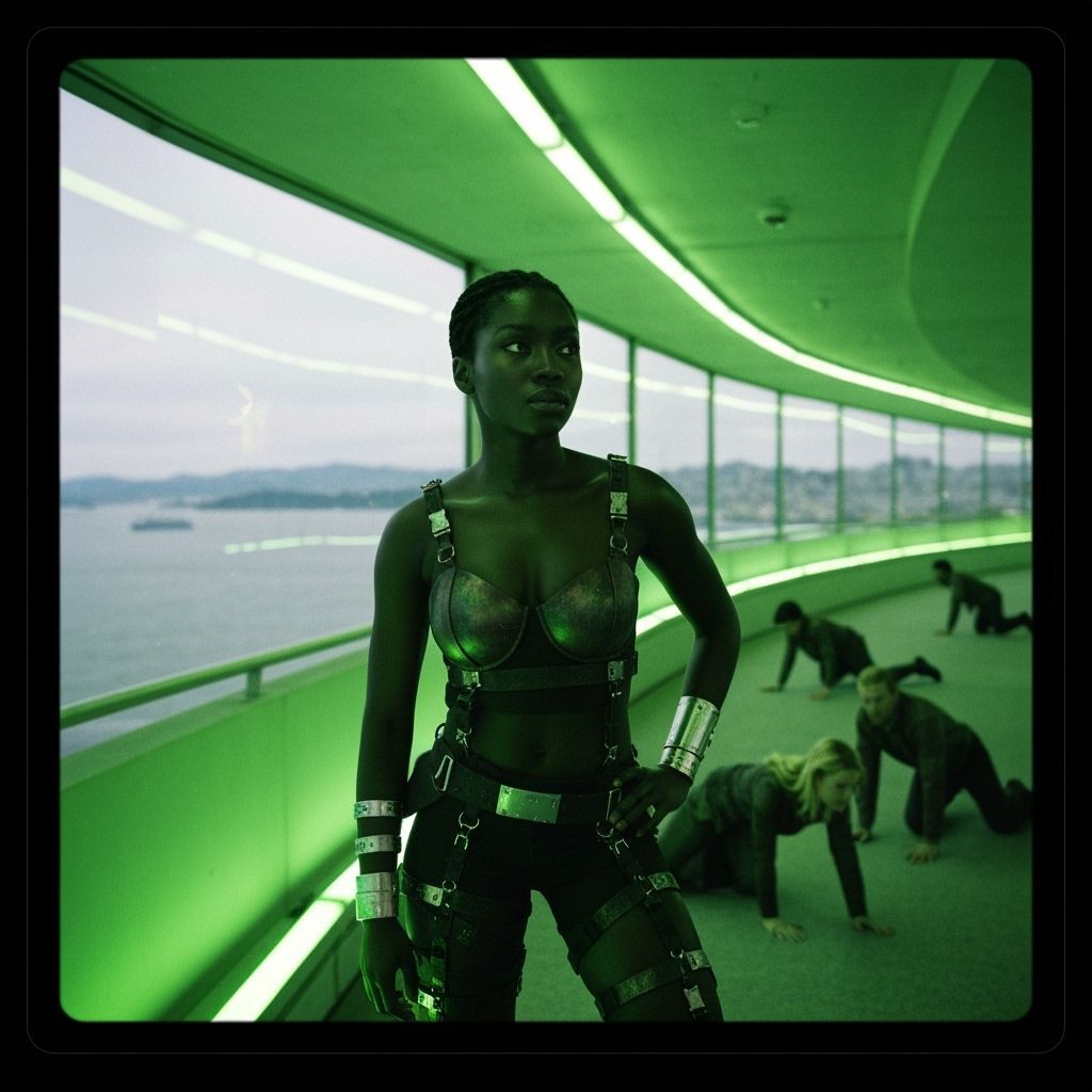 Dystopian Woman Overlooking San Francisco in Cinematic Style