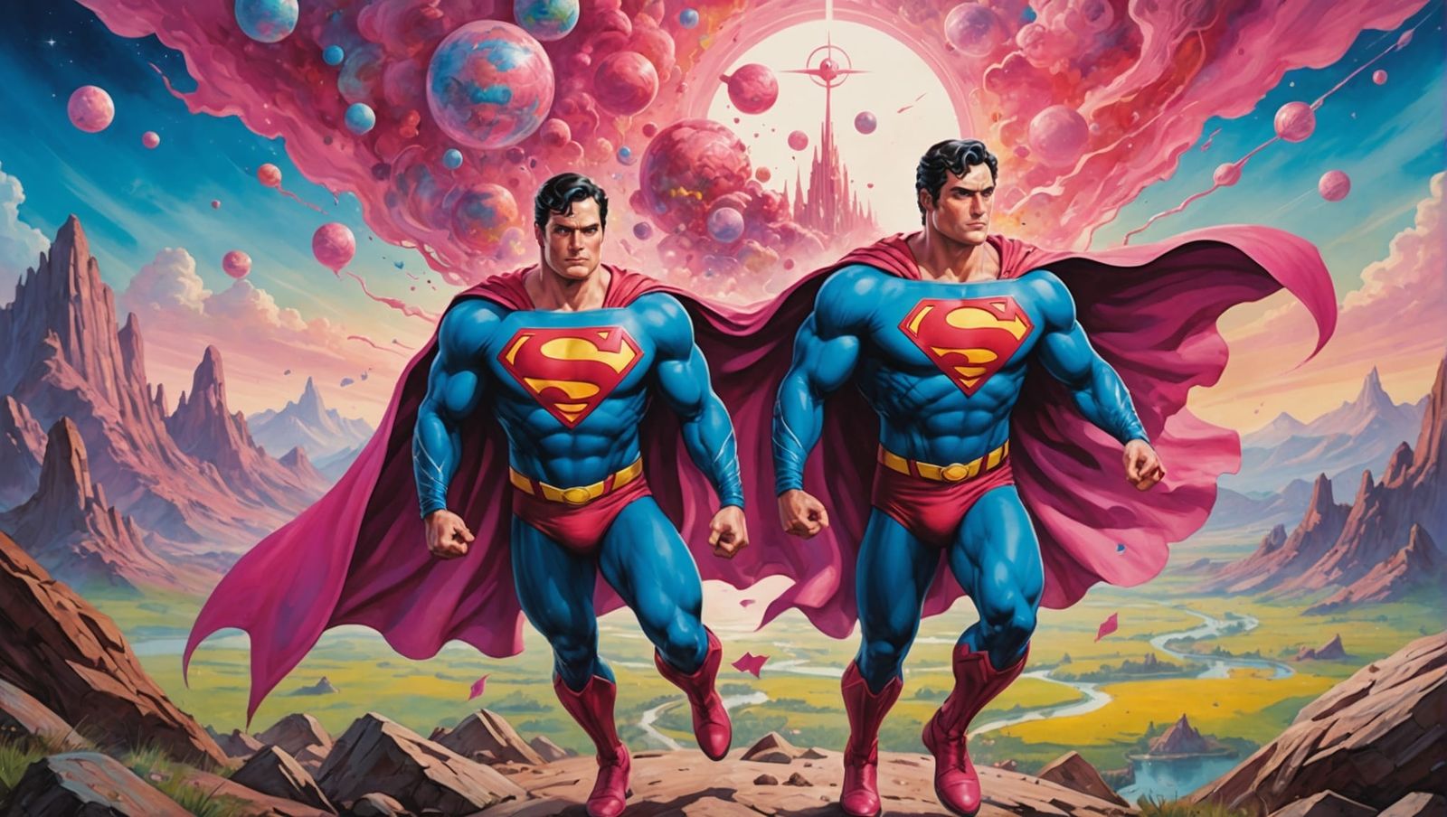 Dreamlike Superman in Surreal Alien Landscape Painting