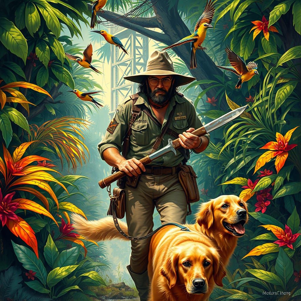 Jungle Expedition with Golden Retriever in Frazetta Style