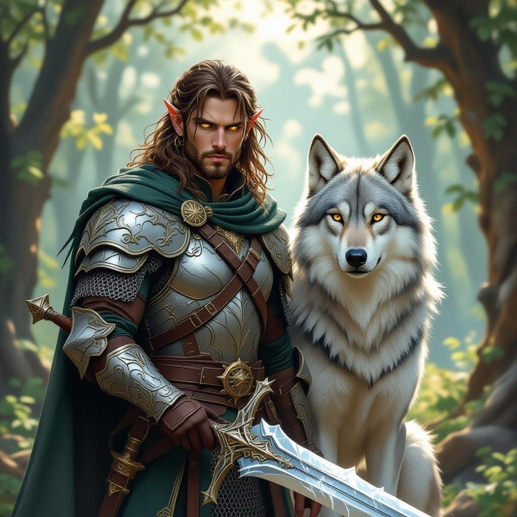 Wood-Elf Paladin and Dire Wolf in Oil Realism