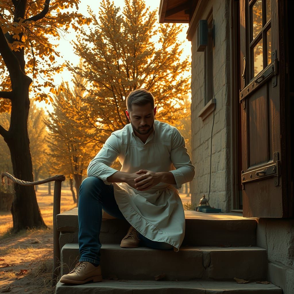 Sad Cook on Steps: Impressionistic Hyper-Realism