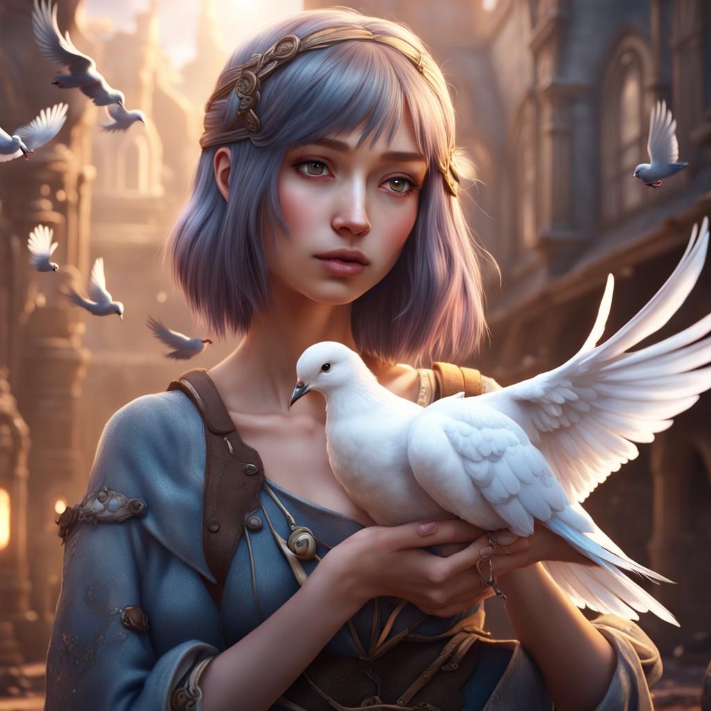 Anime Girl with Dove: Detailed Matte Painting