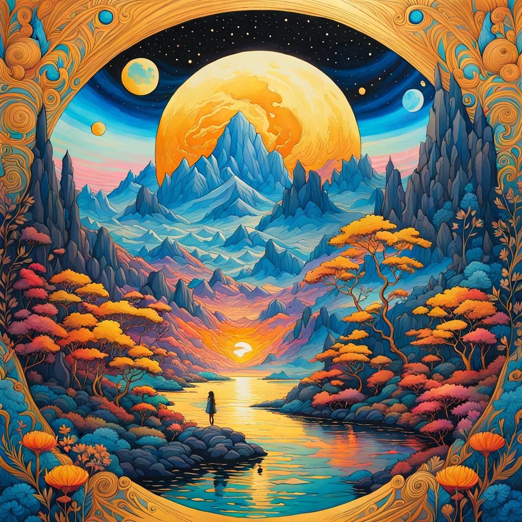 Colorful Bluemoonscape: Line and Watercolor Painting