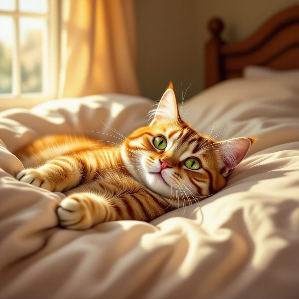 Orange Cat With Green Eyes Grinning On Bed