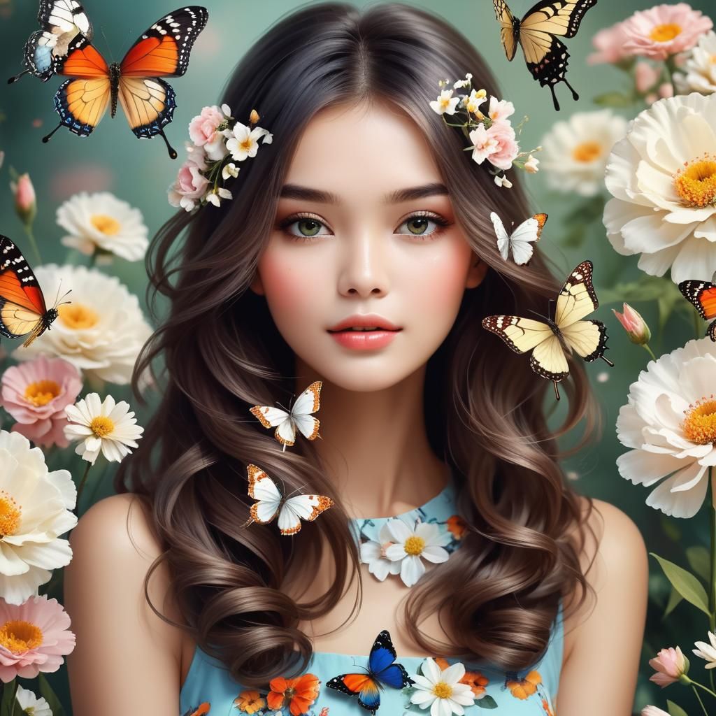 Beautiful Women Surrounded by Flowers and Butterflies